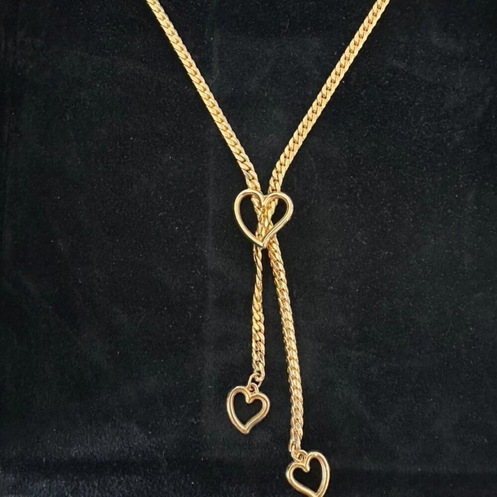 Vintage Gold plated Metal Long Open Heart Lariat Necklace